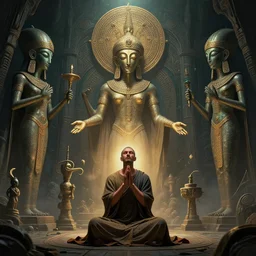 symmetry!! a man praying to the anunaki, ancient astronauts, very detailed, intricate, mysterious, perfect lighting, perfect composition, digital art, illustration, artstation, artgerm, derek zabrocki, greg rutkowski, 4 k