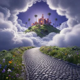 curled perspective digital art of curvy clouds cobblestone street with wildflowers to a casino in top of a hill with palmtrees by anton fadeev from nightmare before christmas