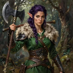anya charlota as a medieval fantasy wood elf, dark purple hair tucked behind ears, wearing a green tunic with a fur lined collar and leather armor, scar across nose, one black, scaled arm, wielding a battleaxe, cinematic, character art, painting, forest background, realistic.