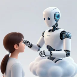 ai robot with beard on the cloud is touching a human on cloud, transferring new energy, the creation of adam, classical fresco by michelangelo buonarroti