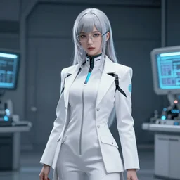 a scientist girl with silver hair wearing white suit and glasses, cyberpunk style by artgerm, wlop