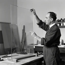 photograph of marcel duchamp putting the finishing touches on large glass in his studio in 1 9 2 3