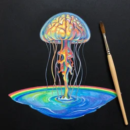 a limerence paintbrush brain jellyfish tree of life nervous system suspended in rainbow liquid paint lake on a alien planet, black paper, obscure, serendipity, gustave darrow, dan mumford, moebius