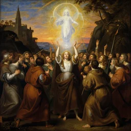 elisabeth louise vigee - le brun painting of crowd of medieval monks raising new magical glowing spirit, old master painting with stunning lighting and details photoreal dusk sun lit light,