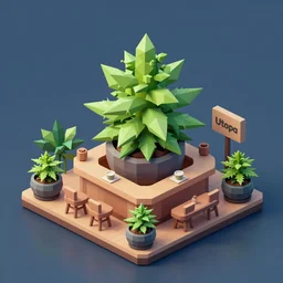 isometric cute cartoon of utopia weed cafe decorated a few cannabis leaf pots. by benoit mandelbrot, render pixar palette, low poly digital art artstation artgerm