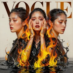 3 d, crying fashion model, flame, liquid black and yellow water, morning, vogue cover style, poster art, high detail, intricate oil painting, multiple exposure, hyperrealism, 3 d, by tooth wu and wlop and beeple and greg rutkowski