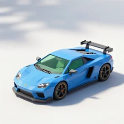 a low poly game object of a blue sport car with green windows, on the white background