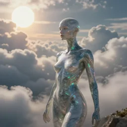 Dystopian Future tilt shift, prismatic, amazing, marble, clouds, sun, bioluminescent skin, ultra detailed