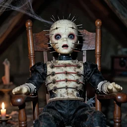 closeup old flash photo of a creepy dirty shocked scared cracked hellraiser victorian ventriloquist dummy sitting in a rocking chair in an old abandoned attic at night, candles, spider webs, disposable camera, guillermo del toro, hp lovecraft, wes anderson, lois van baarle, ilya kuvshinov, wes craven, greg rutkowski,