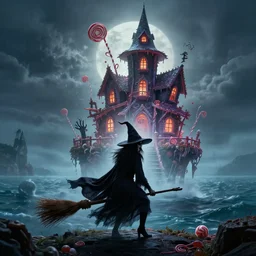 a scary witch on a broom in front of a witch house which is made out of candy, floating on the ocean, epic scene, fantasy, cinematic, hyper - detailed, in the style of greg rutkowski