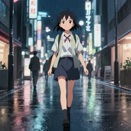 beautiful anime girl walking in rainy osaka city center at night, anime key visual, digital art, anime screenshot, kyoto animation, makoto shinkai, trending on artstation