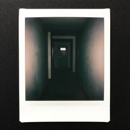 creepiest thing at the end of a dark hallway, polaroid,