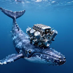 photograph of a v 8 engine on the head of cachalot whale, eight - cylinder piston engine in the head of a cachalot in the ocean, a cachalot whale, long shot, in the style of cyberpunk, fantastic