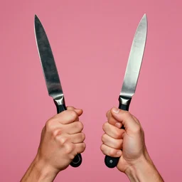 extremely detailed studio photograph of hands : holding : knives. surreal photograph, lo - fi, polished look, solid background, silly and serious, hermes ad, fashion photography, toiletpaper magazine by pierpaolo ferrari and maurizio cattelan, 3 5 mm photograph, colourful, david lachapelle, canon eos c 3 0 0, 8 k, medium - format print