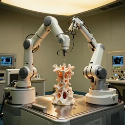 a complex bifurcated robotic cnc surgical arm cybernetic symbiosis hybrid mri 3 d printer machine making organic ceramic fractal forms by wayne barlowe in the glass room laboratory with control panels, golden hour lighting, film still from the movie directed by denis villeneuve with art direction by wayne barlowe and salvador dali, wide lens, f 3 2,