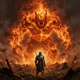 masterpiece a lone knight in a wartorn field facing off against a fire giant, by Greg Rutkowski Thomas Kincade, detailed, 4k, cinematic, intense, gritty, fire giant