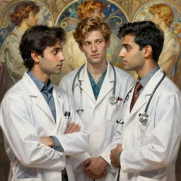Anxious good looking pale young Indian doctors arguing, portrait, elegant, intricate, digital painting, artstation, concept art, smooth, sharp focus, illustration, art by artgerm and greg rutkowski and alphonse mucha