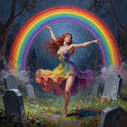 a detailed mate painting of a dancing rainbow on a graveyard'by stephanie law, existential horror, trending on cgsociety artstation, highly detailed, 8 k, masterpiece, super resolution.