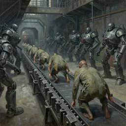 drab human slaves on a conveyor belt, giant steel teeth, guarded by fascist robot overlords, brutalist facility, dystopian, pj crook, edward hopper, oil on canvas