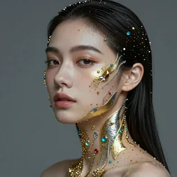 portrait of a beautiful shy futuristic woman layered with high-tech jewelry wrapping around her face and head, golden-silver light with tiny blue, gold, and red gems scattered like dust