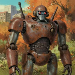 a film still of a big rusty dieselpunk robot sit in an autumn forest city, close up at the robot, trending on pixiv fanbox, painted by greg rutkowski makoto shinkai takashi takeuchi studio ghibli, aki