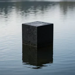 black cube floating on a lake, beautiful, reflection