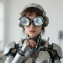 centered portrait of soulful young tea leoni as a solarpunk mecha humanoid robotic parts wearing crystal goggles with bright led lights, real human face, pudica gesture bouguereau style, in white room, ultra - realistic and intricate, soft portrait shot 8 k