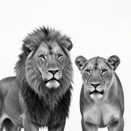 close up lion and lioness black and white portrait white sky in background