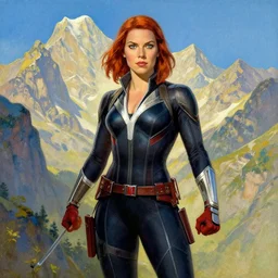 black widow ( natasha romanova ), marvel, mountains, artwork by nicholas roerich,