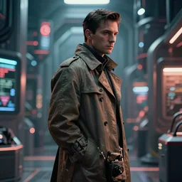 Movie poster, cyberpunk, futuristic, technology, detective in trench coat looking away from the camera, cinematic lighting, depth of field, highly detailed