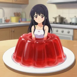 a beautiful anime woman stuck inside of a giant red jello placed on a plate on a kitchen table, fantasy anime art style.