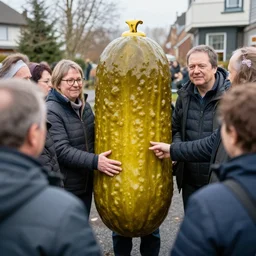a group of people worshipping a pickle