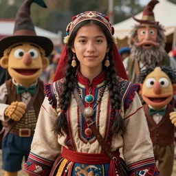 detailed ultrarealistic photography medium shot of dnd fantasy festival ethnic native rustic girl warrior in muppet show cloth, leyendecker, norman rockwell, greg rutkowski, jim henson artstation cinematic, vray
