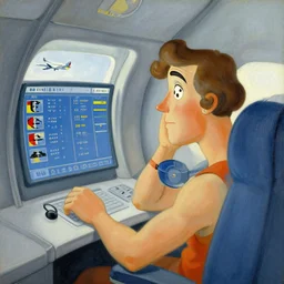 humanoid airplane watching worried a screen with flight information. painting by moebius