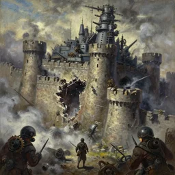 classical oil painting of anime key visual environment concept art of naval bombardment breaching castle walls, smoke debris, grimdark steampunk fantasy, trending on artstation, brush strokes, oil, canvas, style of kawacy makoto shinkai jamie wyeth james gilleard edward hopper greg rutkowski, preserved historical
