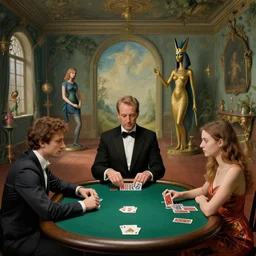 poker and the philosophy of uncertain endings with ra and isis. a surrealist interior mental landscape by hieronymus bosch, cyril rolando, esher and natalie shau, whimsical, profound, impossible. trending on devaintart w 7 0 4