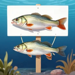 a fish holding up a sign