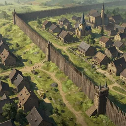Aerial establishing shot of dominating huge wooden palisade wall surrounding a medieval village, daylight, matte fantasy painting, DeviantArt Artstation, by Jason Felix by Steve Argyle by Tyler Jacobson by Peter Mohrbacher, cinematic lighting