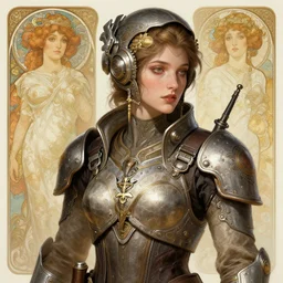 A full portrait of a beautiful post apocalyptic mechanic, intricate, elegant, highly detailed, digital painting, artstation, concept art, smooth, sharp focus, illustration, art by Krenz Cushart and Artem Demura and alphonse mucha