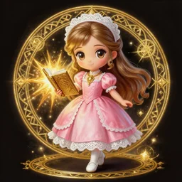 a portrait of girl alchemist in pink dress, white lace headband, gold necklace, gold magic book, gold magic explosion, white shoes, gold magic, magic circle, fantasy, dungeons and dragons, an ultrafine detailed painting, chibi, detailed painting, boris valejo. octopath traveler decal!!!