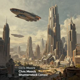 a futuristic city scene with flying spaceships, brutalist architecture, a detailed matte painting by chris moore, shutterstock contest winner, afrofuturism, matte painting, futuristic, sci - fi