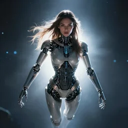 beautiful futuristic himba cyborg woman, robotic arms, weightless in space, hyperrealistic, scifi, concept art, photograph, portrait, backlit