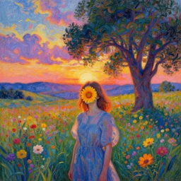 girl with a flower face, surreal photography, dream, standing in flower field, hills, big trees, sunrise dramatic light, impressionist painting, colorful clouds, digital painting, pointillism, artstation, simon stalenhag, flower face