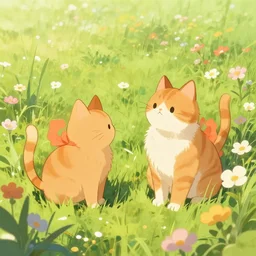 cute orange cats in a field of flowers, digital illustration, by makoto shinkai and ruan jia