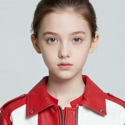 head and shoulders portrait of a young girl in a red and white leather jacket, pale skin, piercing pale eyes, red hair, steampunk, vibrant color, high detail, masterpiece by craig mullins, ruan jia, peter mohrbacher, norman rockwell