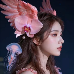 hyperrealism, night background, super zoom, goddess woman super coherent profile close - up beautiful face portrait long hair real human, phoenix crow wings! giant orchid!!, jellyfish!! artwork by tooth wu and wlop. octane render, trending on artstation, greg rutkowski cinematic, hyper realism, high detail, octane render, 8 k