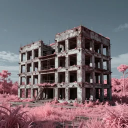 a beautiful detailed render of blockhouse unfinished building city urbex industrial architecture by david hockney, sci - fi infrared at dawn bladerunner 2 0 4 9 alien studio ghibli lightpaint meadow at spring at night, archdaily, wallpaper, highly detailed, trending on artstation.