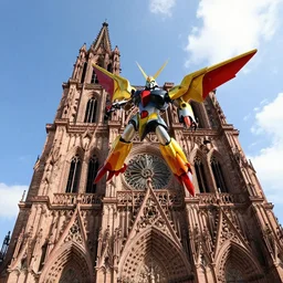 grendizer flying around strasbourg cathedral, 8 k