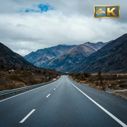 highly detailed realistic photo of highway going towards mountains, cloudy day, vibrant cool colors, award winning masterpiece photo, hyper realistic, concept art, 8 k detail post - processing