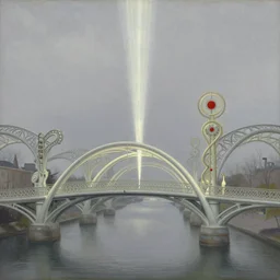 breathtaking detailed soft painting of intricate bridges on a crystal grey sky, entertwined curved light bridges in a canal, art nouveau music instruments and a red dot, a white ray from above, rembrandt style, elegant, highly detailed, artstation, concept art, matte, sharp focus, art by tom bagshaw, and greg rutkowski